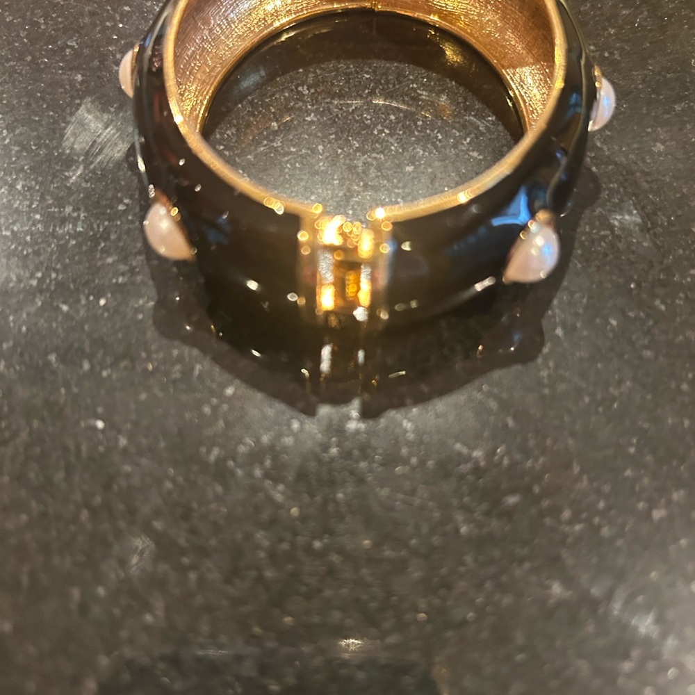 Gold-Tone Black Enamel Bangle with Pearl Accents - Picture 3 of 3